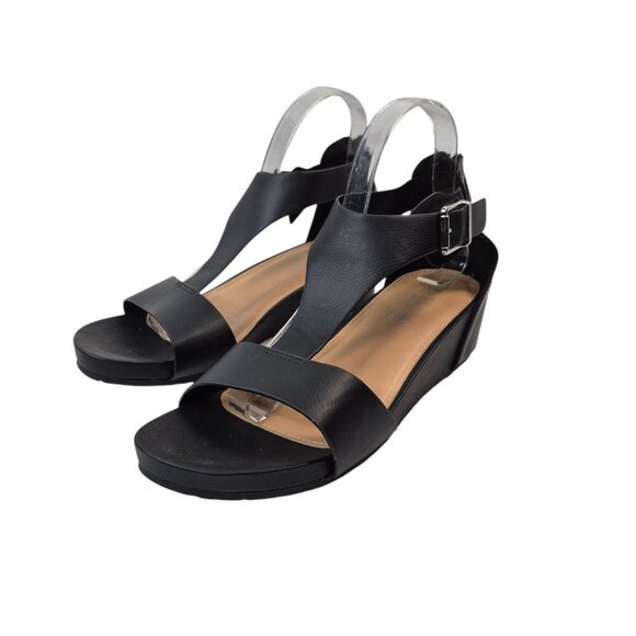 Serra Sandals Womens 9 Black Strappy Wedge Heels Memory Foam Beach Boho Chic - Picture 2 of 8